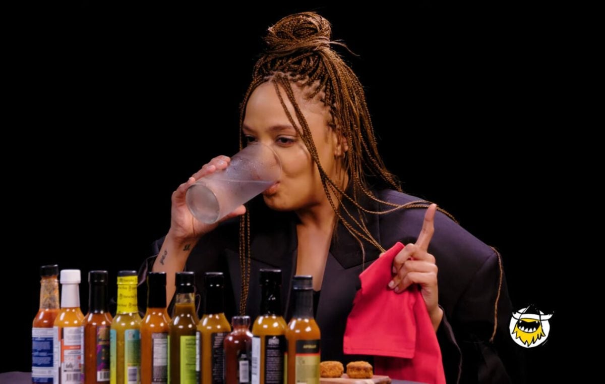 Tessa Thompson on First We Feast's 'Hot Ones.' Image: First We Feast.