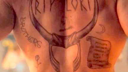 Close-up details on Thor's Loki tattoos on his back in 'Thor: Love and Thunder'