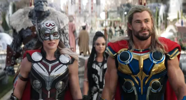 The main cast of Thor: Love & Thunder walk in Omnipotent City