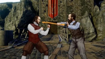 Fyodor Dostoevsky hits William Shakespeare in the face with a hatchet in the game Write 'N' Fight.