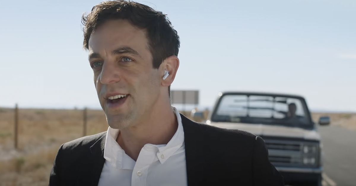 B.J. Novak with airpods in Vengeance