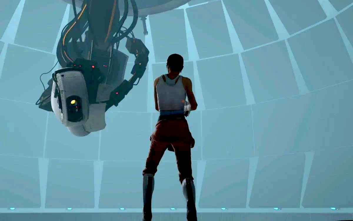 Chell facing GLaDOS in Portal 2.