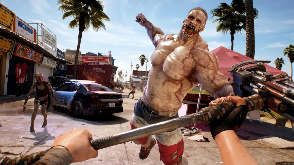 A buff zombie lunges toward the player in Dead Island 2.