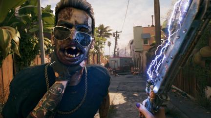 A zombie gets grabbed by the neck in Dead Island 2.