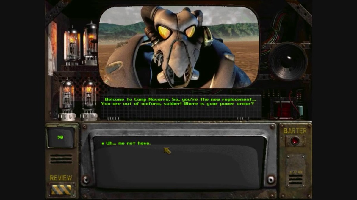 A Fallout screenshot of a character with low intelligence replying in conversation.