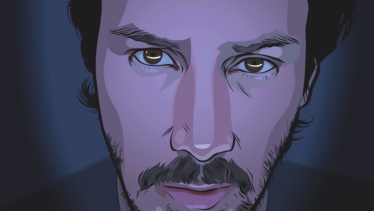 Film still from A Scanner Darkly featuring Keanu Reeves as Fred looking directly into the camera from inside his scramble suit