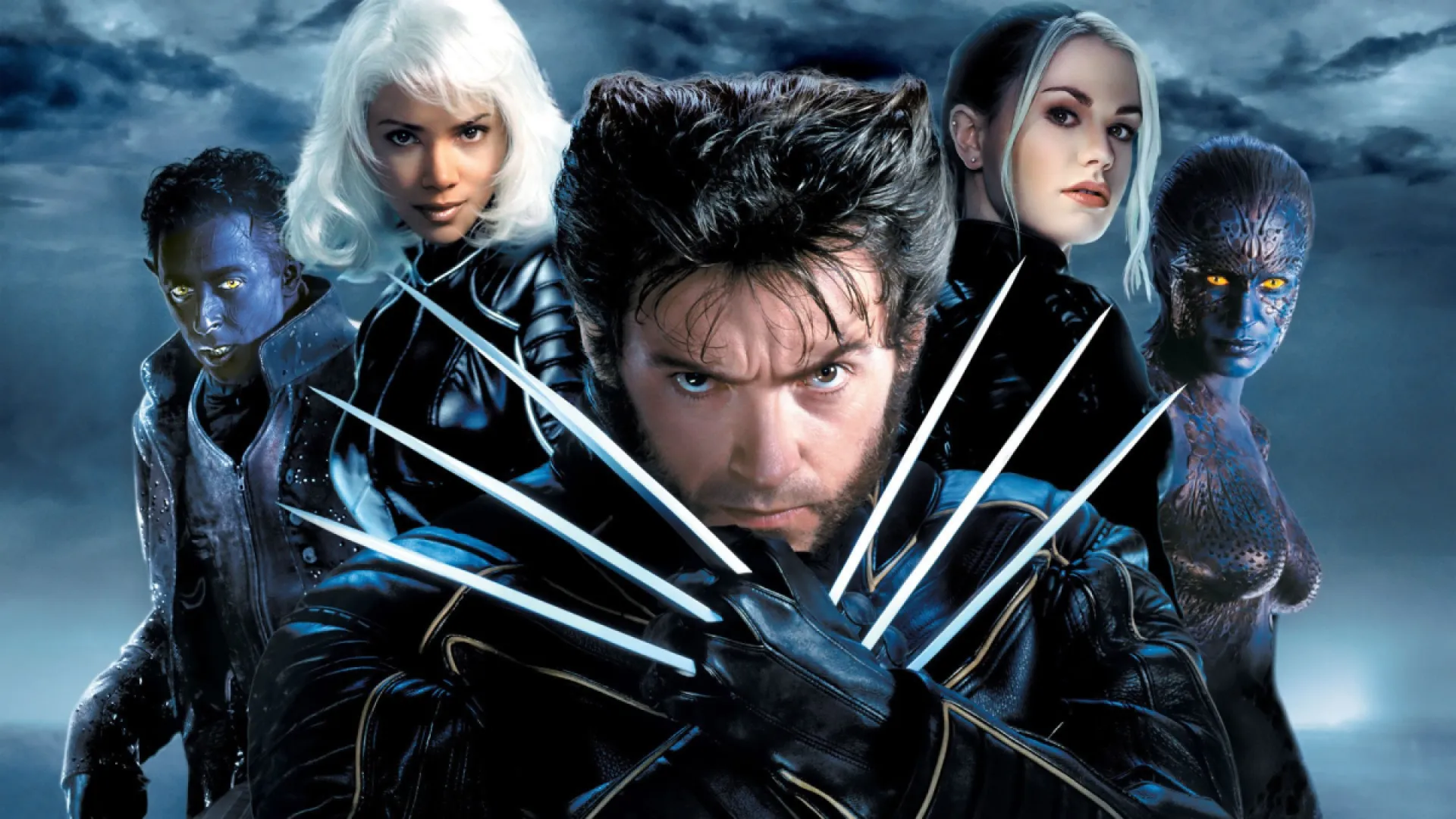 Hugh Jackman as Wolverine in X2, surrounded by other cast members