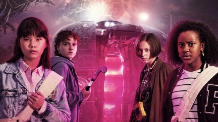 Official artwork for Paper Girls featuring Erin, KJ, Mac, and Tiff standing in front of a time travel vessel