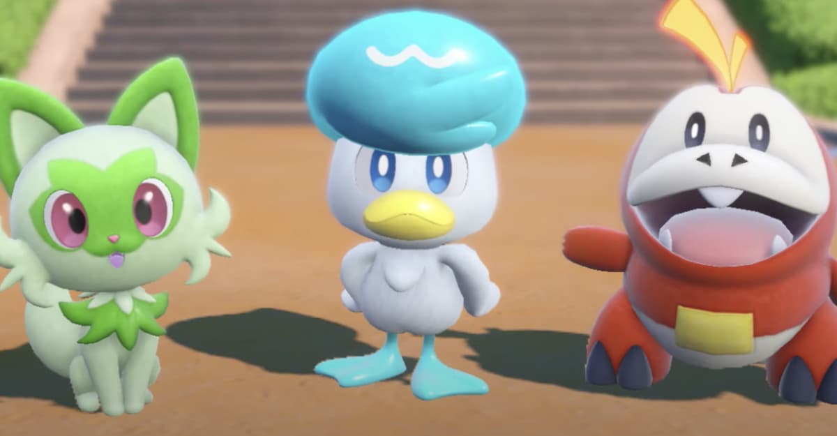 The three starters from Pokémon Scarlet / Violet: Sprigatito, Quaxly, and Fuecoco