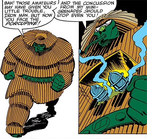 Two comics panels of Marvel's Porcupine. Porcupine is threatening to hit Iron Man with concussion grenades.
