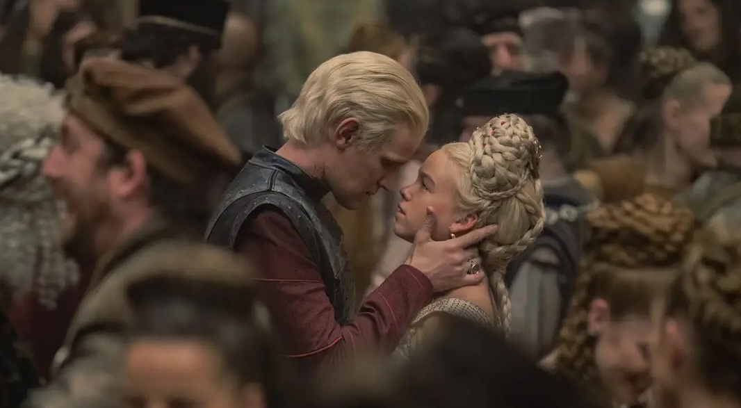 Daemon Targaryen and Rhaenyra Targaryen argue at her wedding feast in House of the Dragon