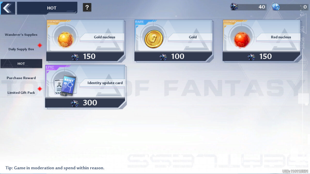 An example of the Red and Gold Nucleus Tower of Fantasy microtransactions.