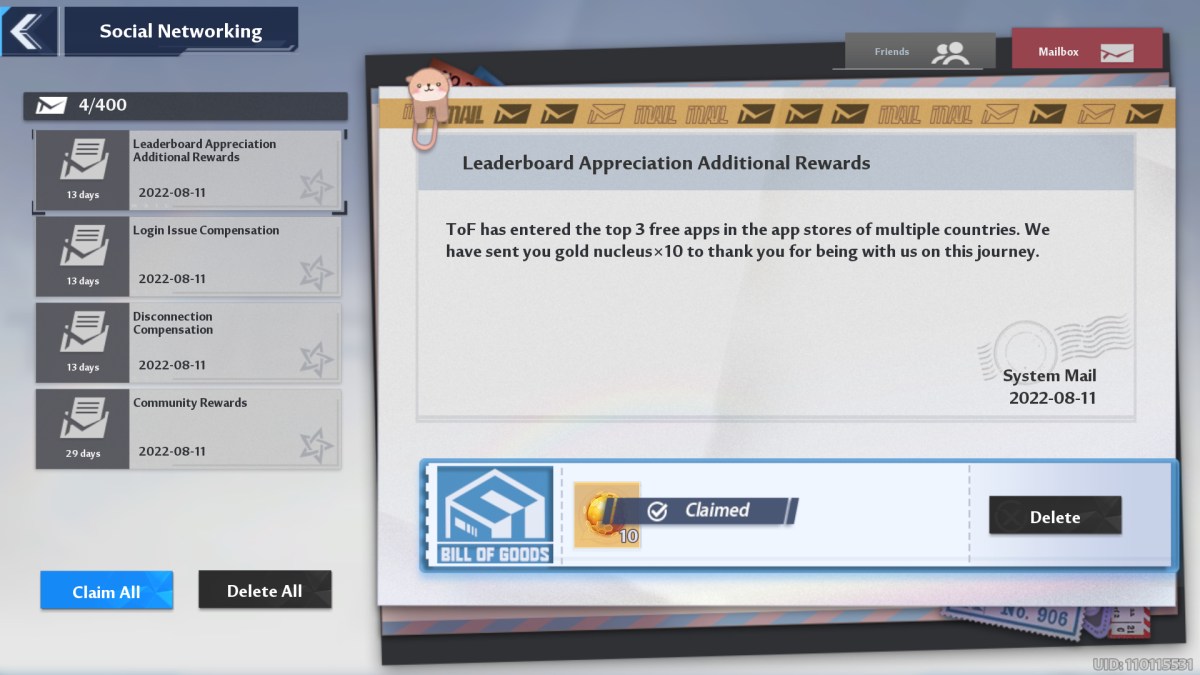 Tower of Fantasy offers 10 additional complementary Gold Nucleus rolls as thanks.