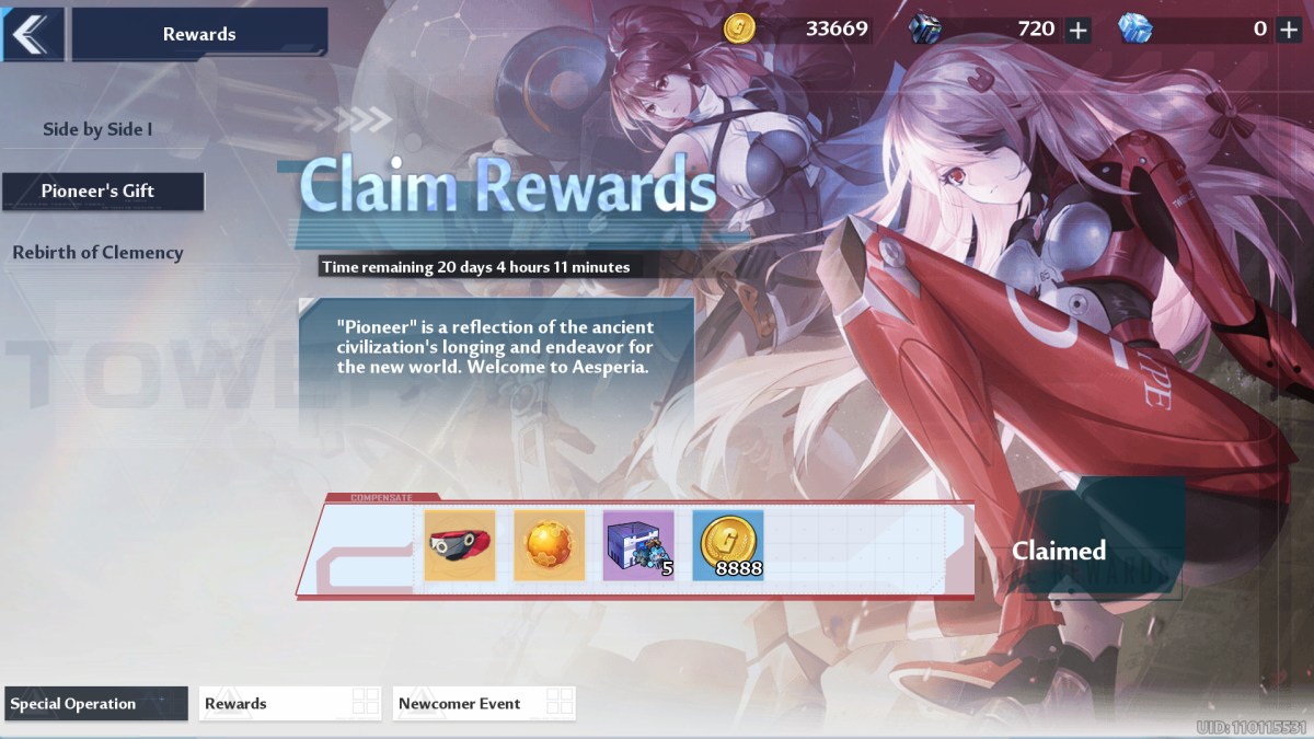 Launch event rewards available to Tower of Fantasy players.