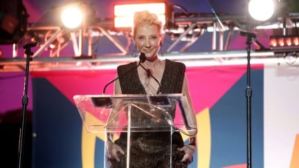 PASADENA, CALIFORNIA - SEPTEMBER 04: Anne Heche speaks onstage at the 27th Annual Race To Erase MS: Drive-In To Erase MS at Rose Bowl on September 04, 2020 in Pasadena, California. (Photo by Rich Fury/Getty Images for Race to Erase MS)