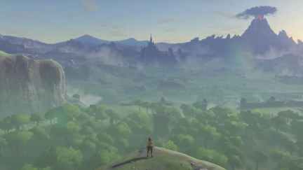 Landscape shot from the opening cutscene from The Legend of Zelda: Breath of the Wild