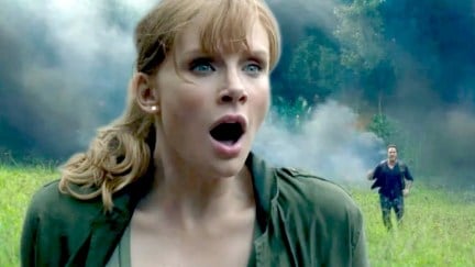 Bryce Dallas Howard looking shocked and frightened in Jurassic World: Fallen Kingdom.