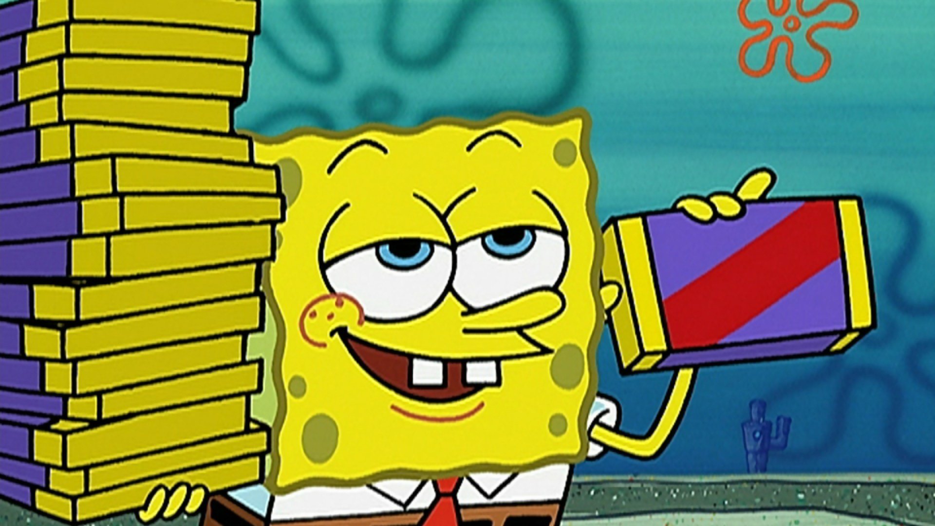 Spongebob trying to sell chocolate