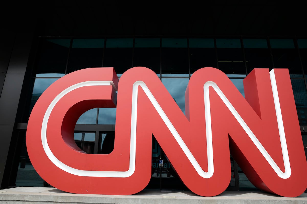 A large statue of the CNN logo outside the network's headquarter building.