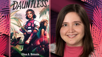 Dauntless by Elisa A. Bonnin next to Elisa surrounding by pink, purple and magenta leaves. Image: Swoon Reads & Alyssa Shotwell.