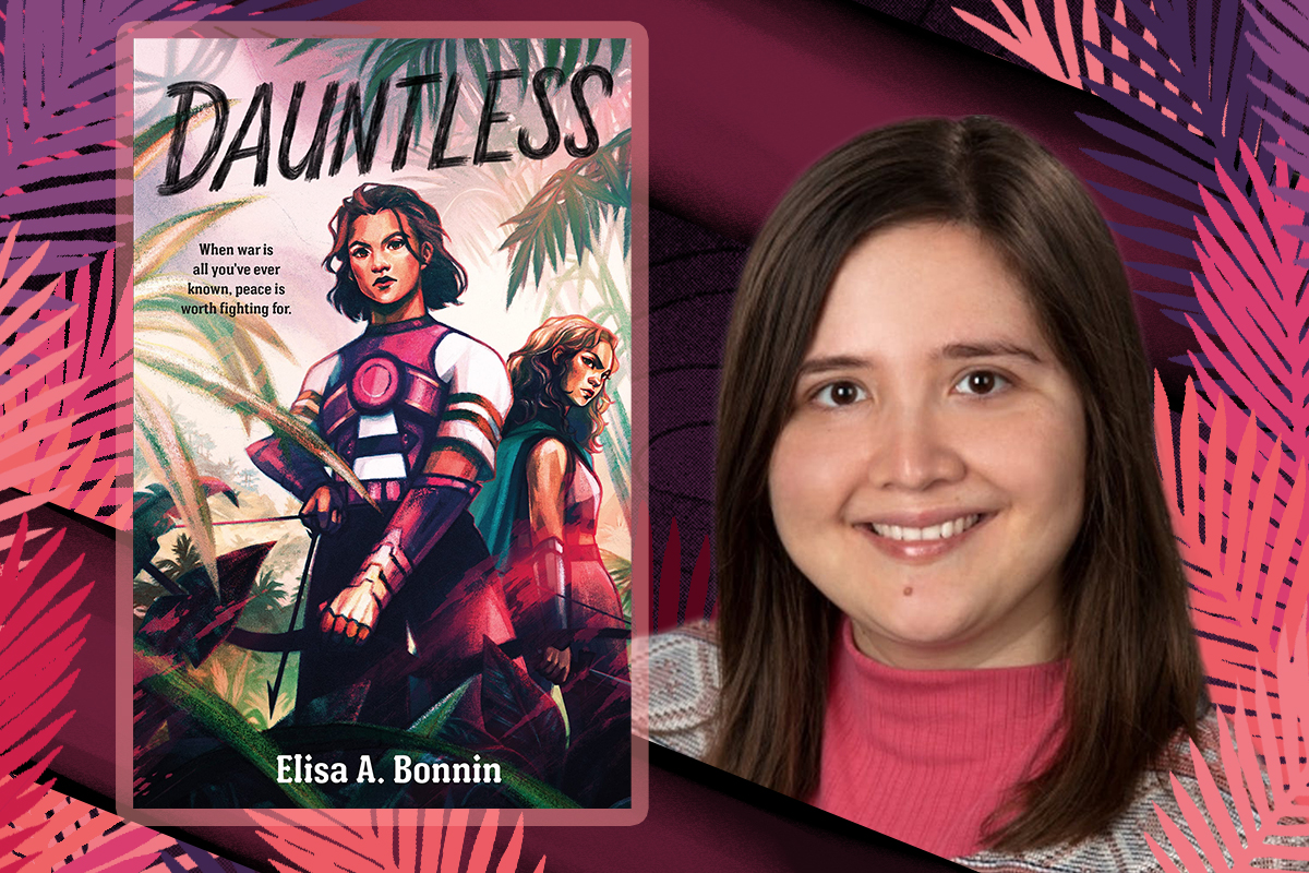 Dauntless by Elisa A. Bonnin next to Elisa surrounding by pink, purple and magenta leaves. Image: Swoon Reads & Alyssa Shotwell.