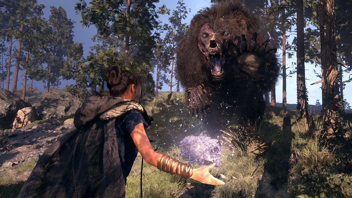 A woman is confronted by a monstrous bear-like creature in a trailer for the video game 'Forspoken'