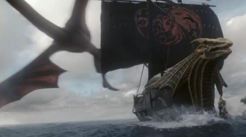 Daemon Targaryen flies by Rhaenyra Targaryen's ship in House of the Dragon