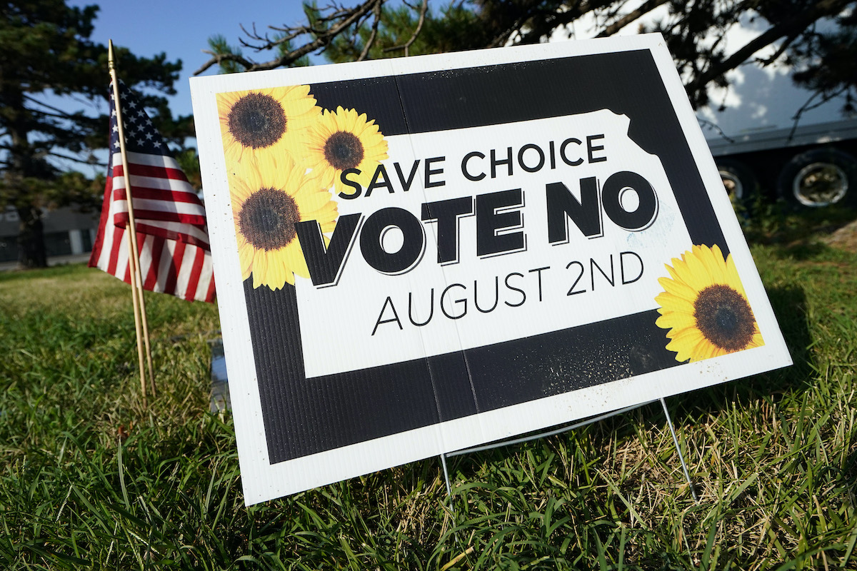 A sign reading "Save Choice Vote No August 2nd" with images of sunflowers around the border
