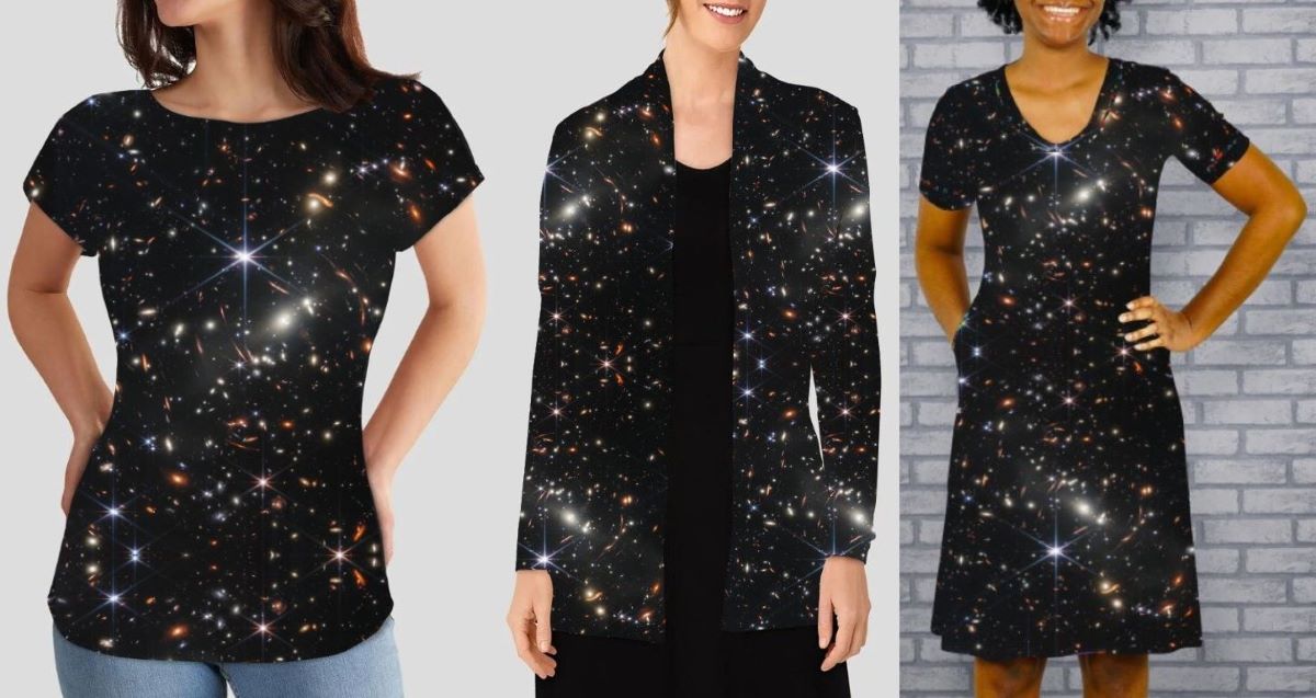 A t-shirt, jakcet, and dress with the james webb telescope images, designed by SvahaUSA