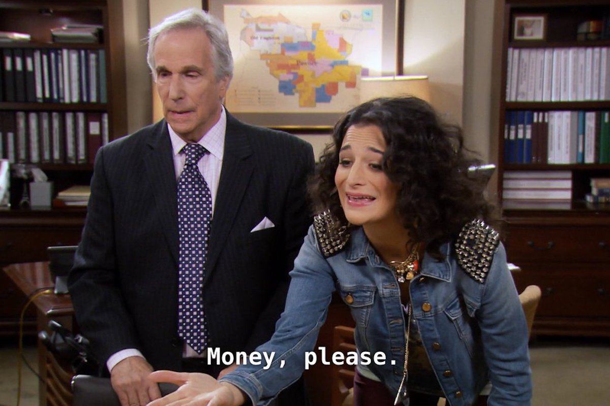 Mona Lisa holding out her hand and saying "Money, please" in a scene from Parks & Recreation