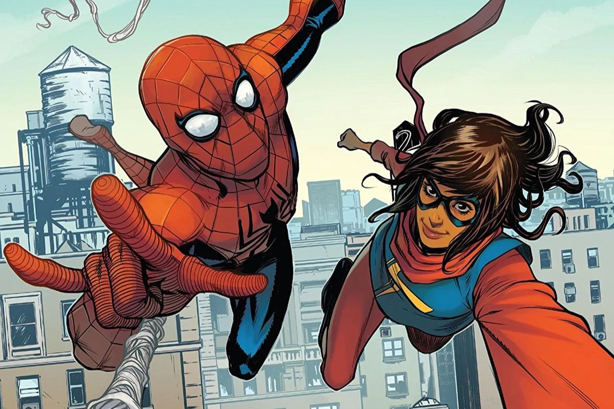 Ms. Marvel (Khan) and Spider-Man (Parker) flying through the air. Image: Marvel Comics.
