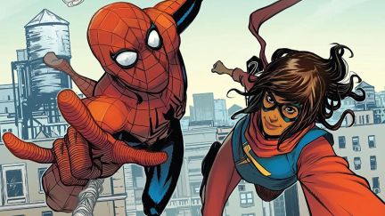 Ms. Marvel (Khan) and Spider-Man (Parker) flying through the air. Image: Marvel Comics.