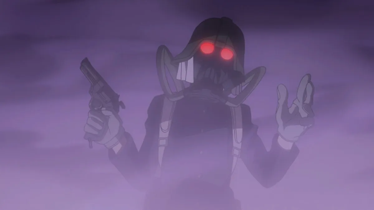 Mustard stands in a purple miasma holding a revolver in "My Hero Academia" 