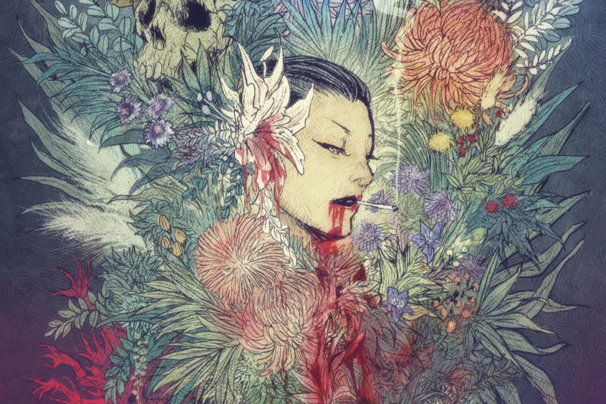 Person among flowers and smoke. Image: Abrams Comicarts.