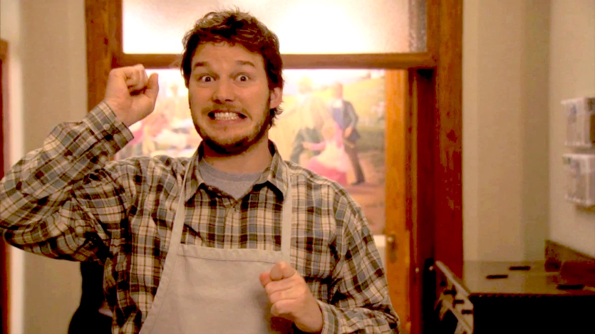 Chris Pratt, as Andy Dwyer, cringing on Parks and Recreation.