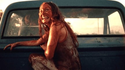 Marilyn Burns as Sally Hardesty fleeing in The Texas Chainsaw Massacre