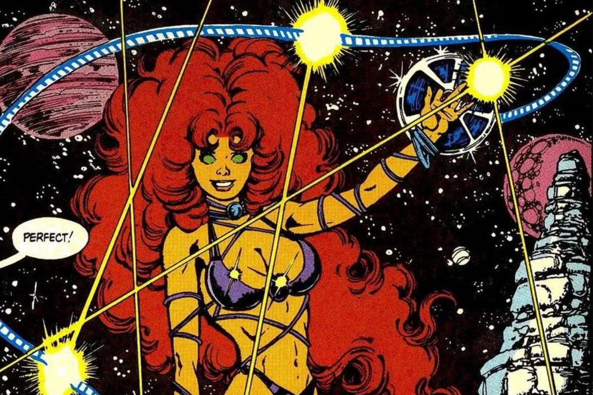 Starfire holding film in space drawn by George Perez. Image: DC.