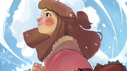 Young white girl (Clara) within a big coat and big voluminous hair looking off in a sky of clouds, gears, and snowflakes. Image: Last Ember Press.