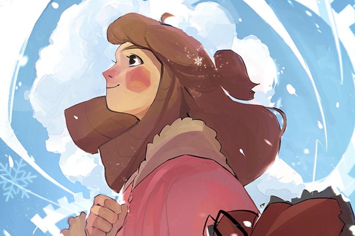 Young white girl (Clara) within a big coat and big voluminous hair looking off in a sky of clouds, gears, and snowflakes. Image: Last Ember Press.