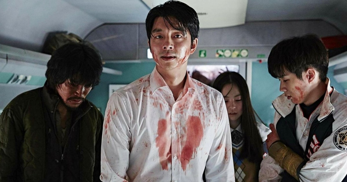 A group of people covered in blood on a train in 'Train to Busan'