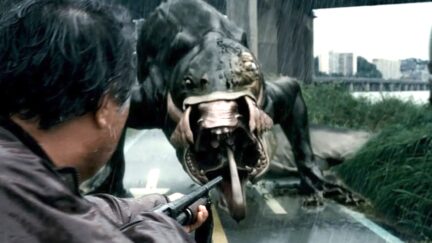 The Host movie still of a monster being faced by a man with a gun.