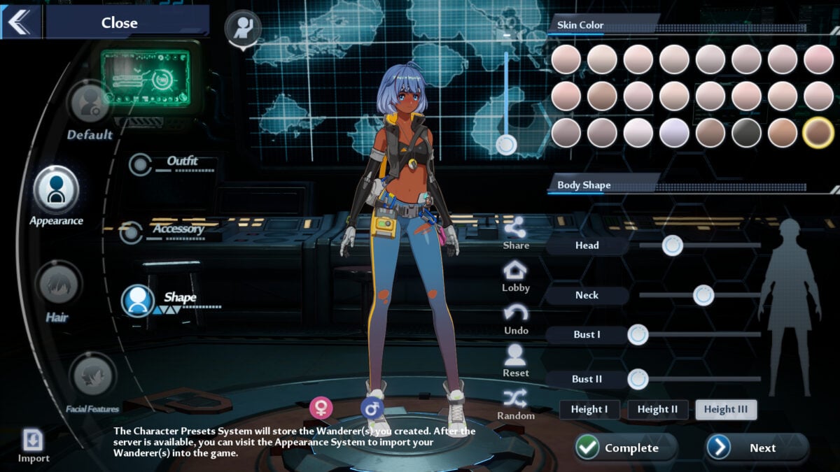 An example of the Tower of Fantasy character customization and skin shade tones.