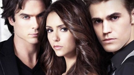 Damon Salvatore, Elena Gilbert, and Stefan Salvatore pose together for The Vampire Diaries