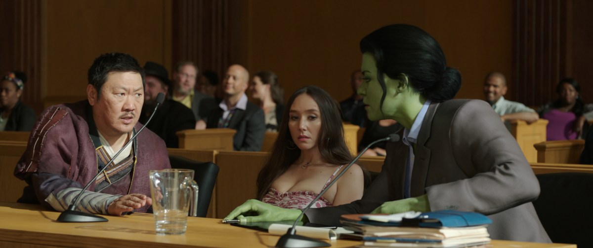 (L-R): Benedict Wong as Wong, Patty Guggenheim as Madisynn, and Tatiana Maslany as Jennifer "Jen" Walters/She-Hulk in Marvel Studios' She-Hulk: Attorney at Law, exclusively on Disney+.
