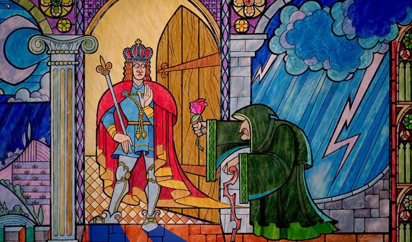 A stained glass image from the beginning of Beauty and the Beast.