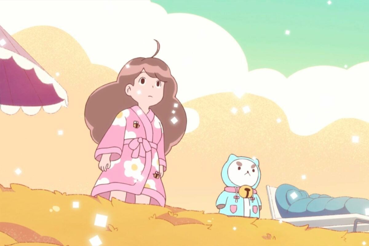 Bee and Puppycat watch the sky in their pajamas