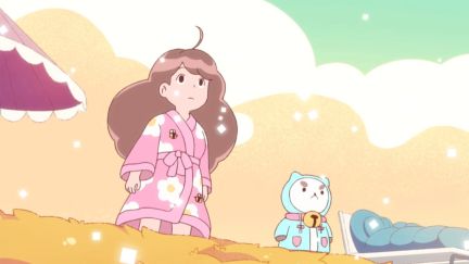 Bee and Puppycat observe the sky in their jammies
