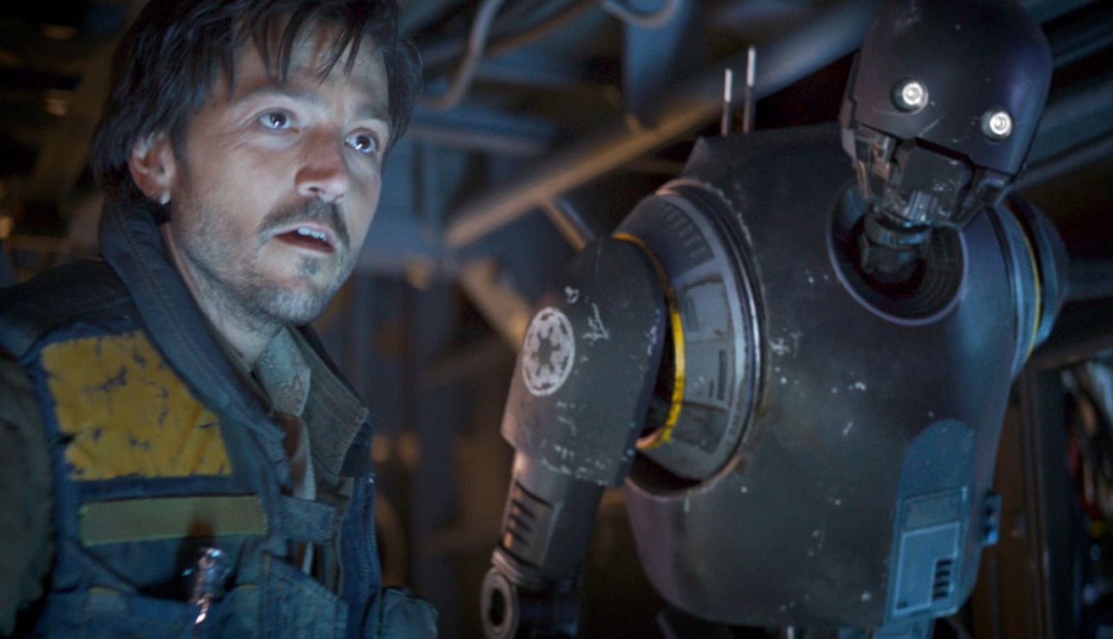 Diego Luna as Andor with K-2SO in Rogue One: A Star Wars Story