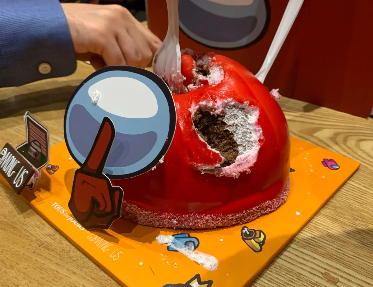 A partially eaten Among Us Imposter cake from Tous les Jours