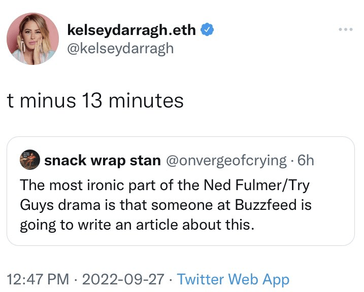 Kelsey Darragh Tweet: t minus 13 minutes